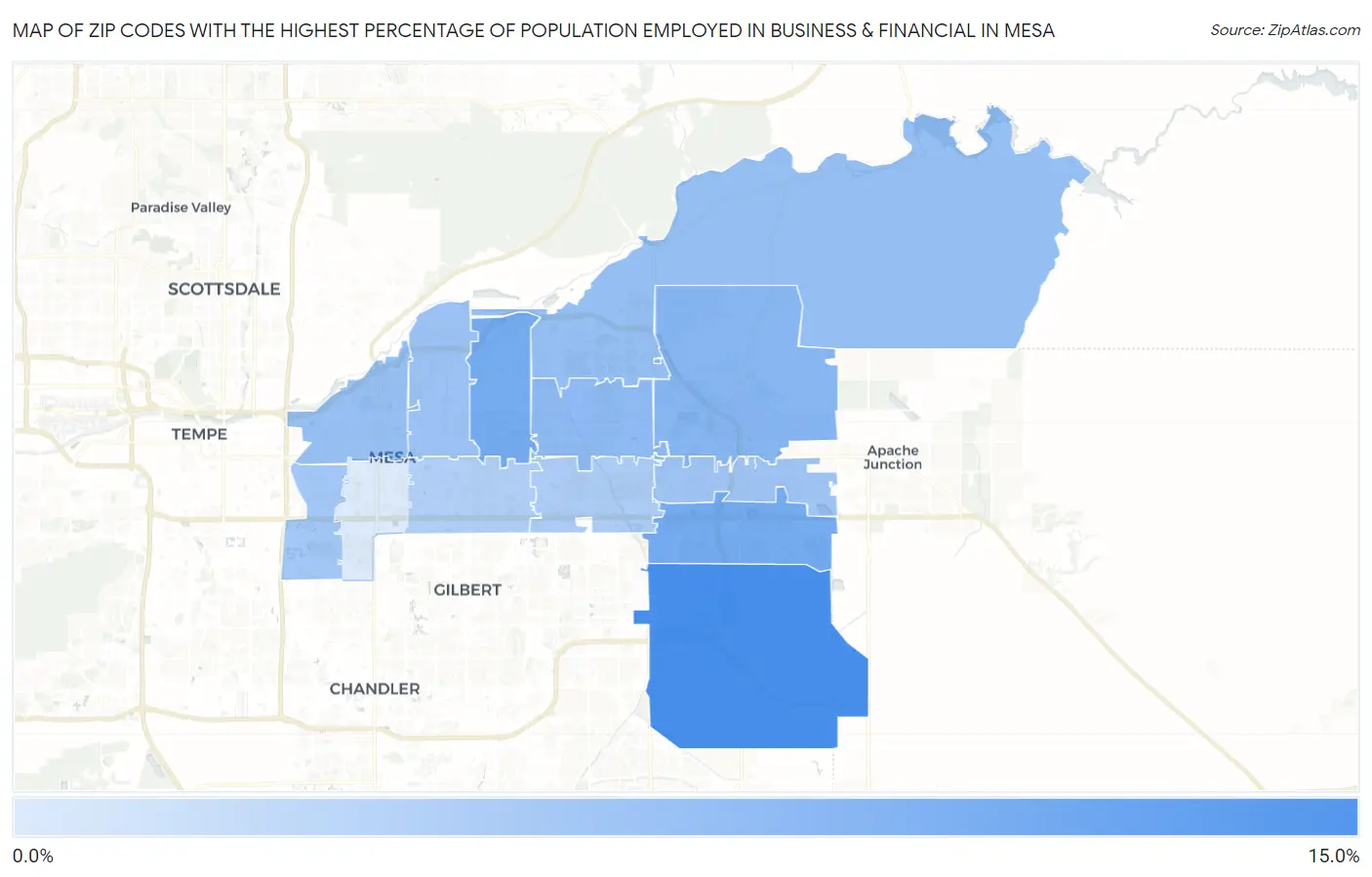 Zip Codes with the Highest Percentage of Population Employed in Business & Financial in Mesa Map