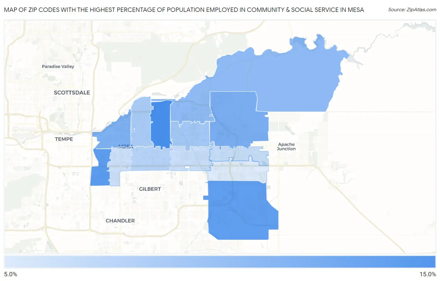 Zip Codes with the Highest Percentage of Population Employed in Community & Social Service  in Mesa Map