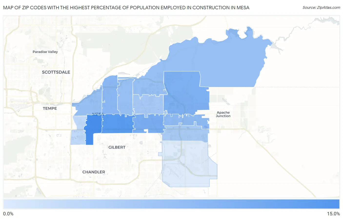 Zip Codes with the Highest Percentage of Population Employed in Construction in Mesa Map