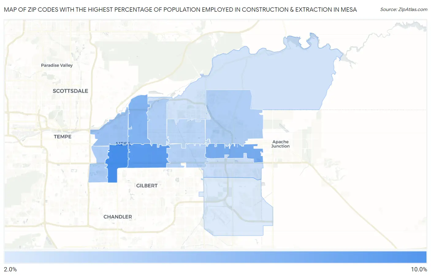 Zip Codes with the Highest Percentage of Population Employed in Construction & Extraction in Mesa Map