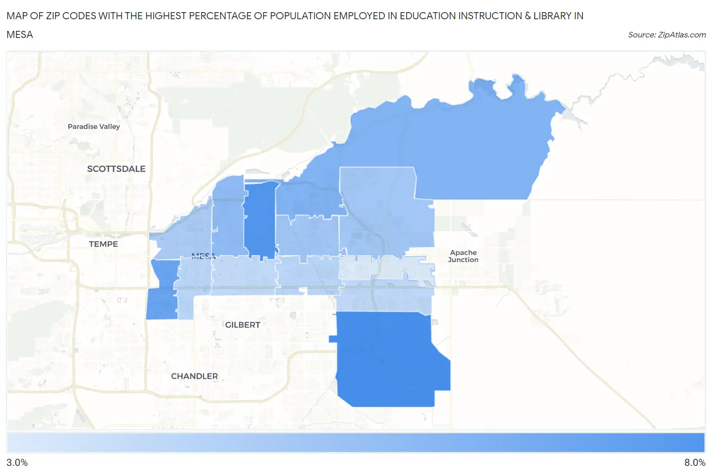 Zip Codes with the Highest Percentage of Population Employed in Education Instruction & Library in Mesa Map
