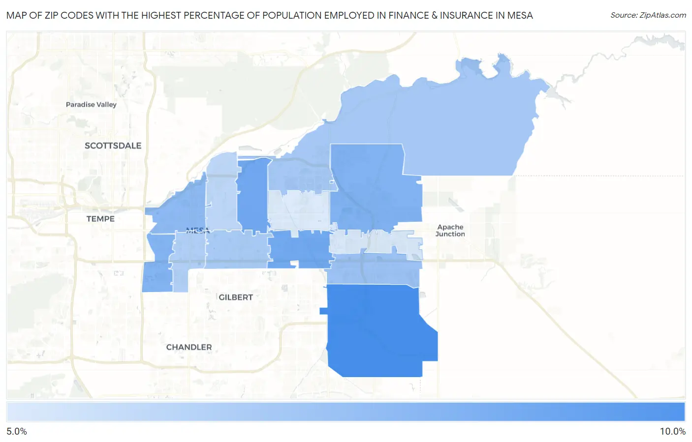 Zip Codes with the Highest Percentage of Population Employed in Finance & Insurance in Mesa Map