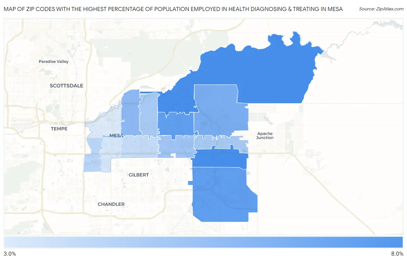 Zip Codes with the Highest Percentage of Population Employed in Health Diagnosing & Treating in Mesa Map