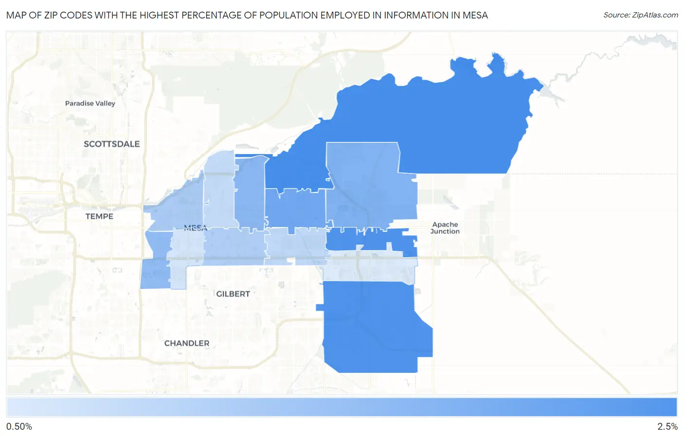Zip Codes with the Highest Percentage of Population Employed in Information in Mesa Map