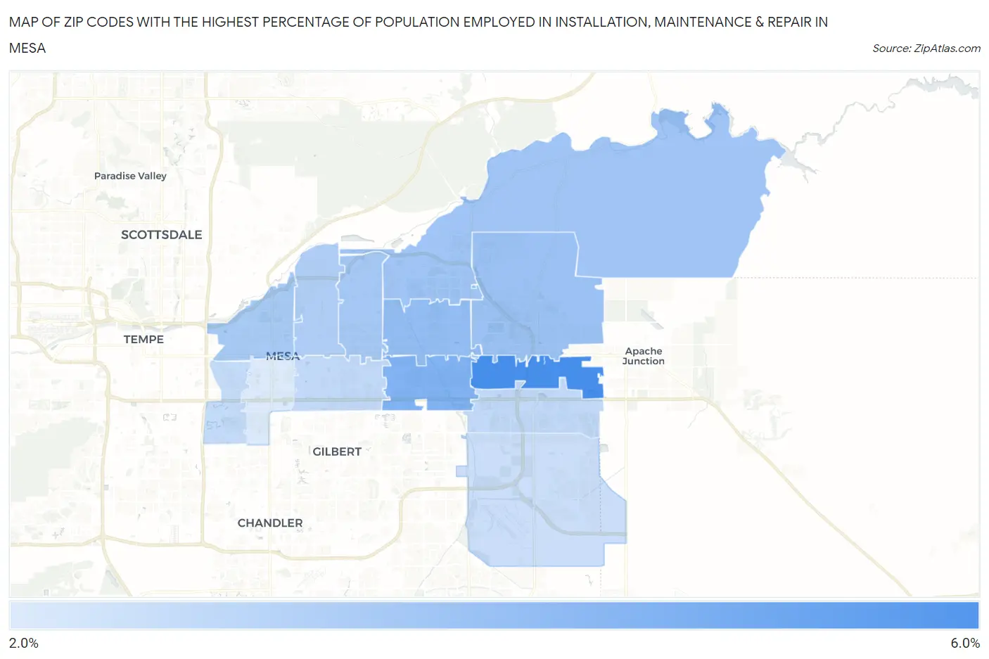 Zip Codes with the Highest Percentage of Population Employed in Installation, Maintenance & Repair in Mesa Map