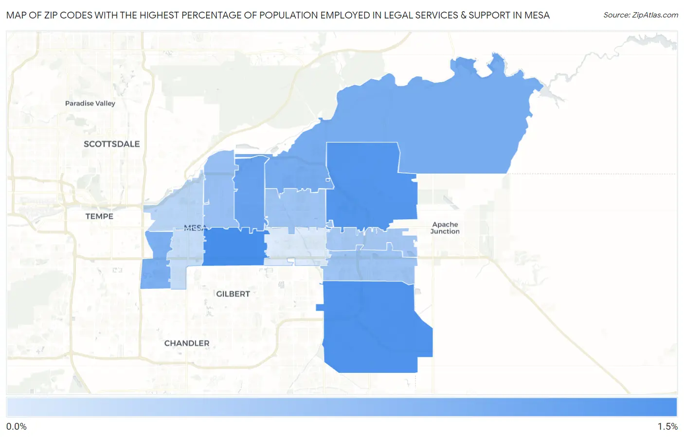 Zip Codes with the Highest Percentage of Population Employed in Legal Services & Support in Mesa Map