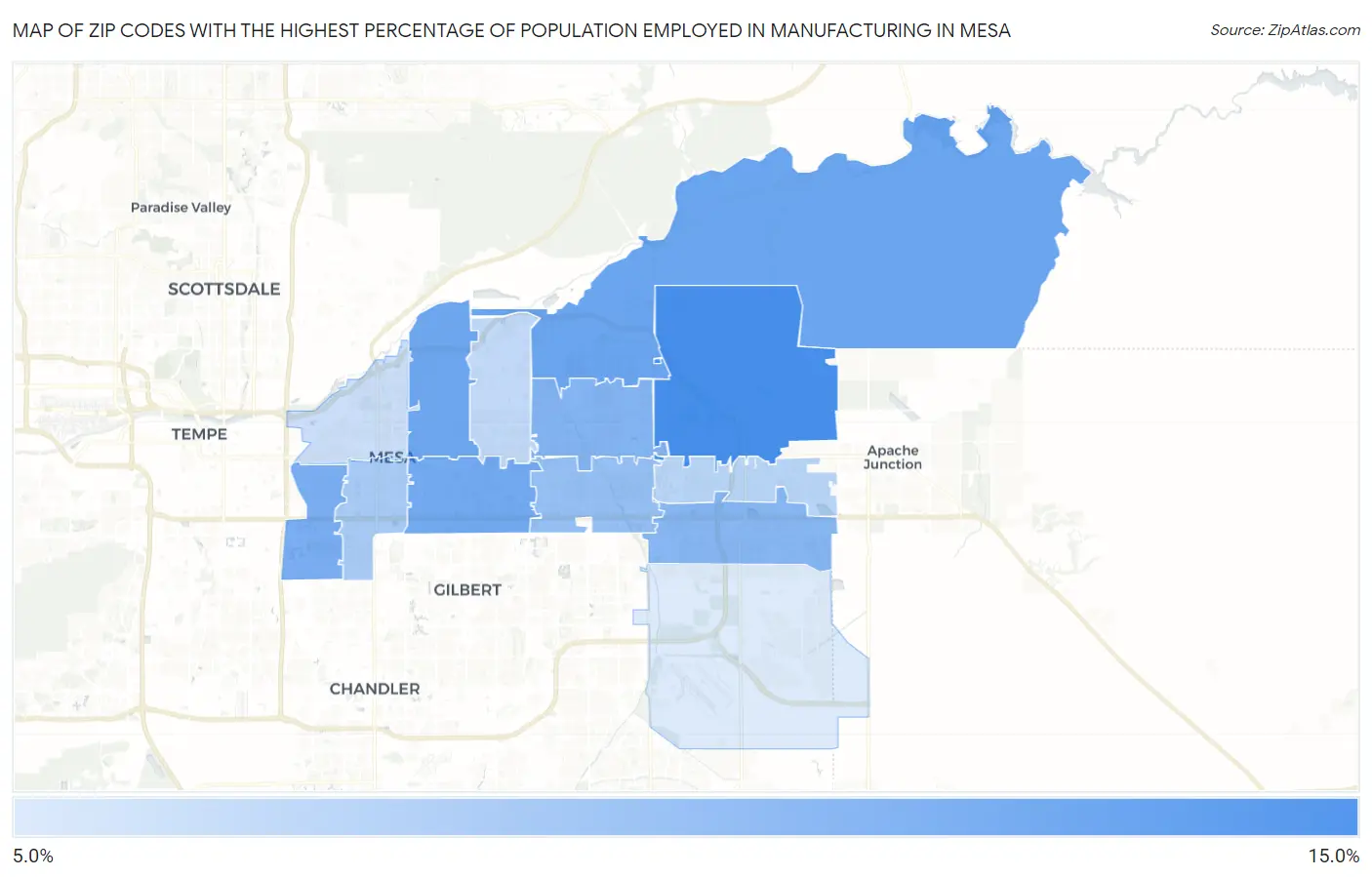 Zip Codes with the Highest Percentage of Population Employed in Manufacturing in Mesa Map