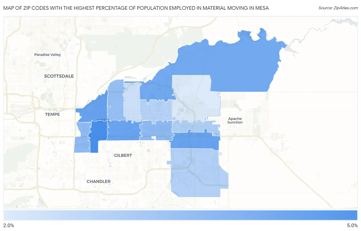Zip Codes with the Highest Percentage of Population Employed in Material Moving in Mesa Map
