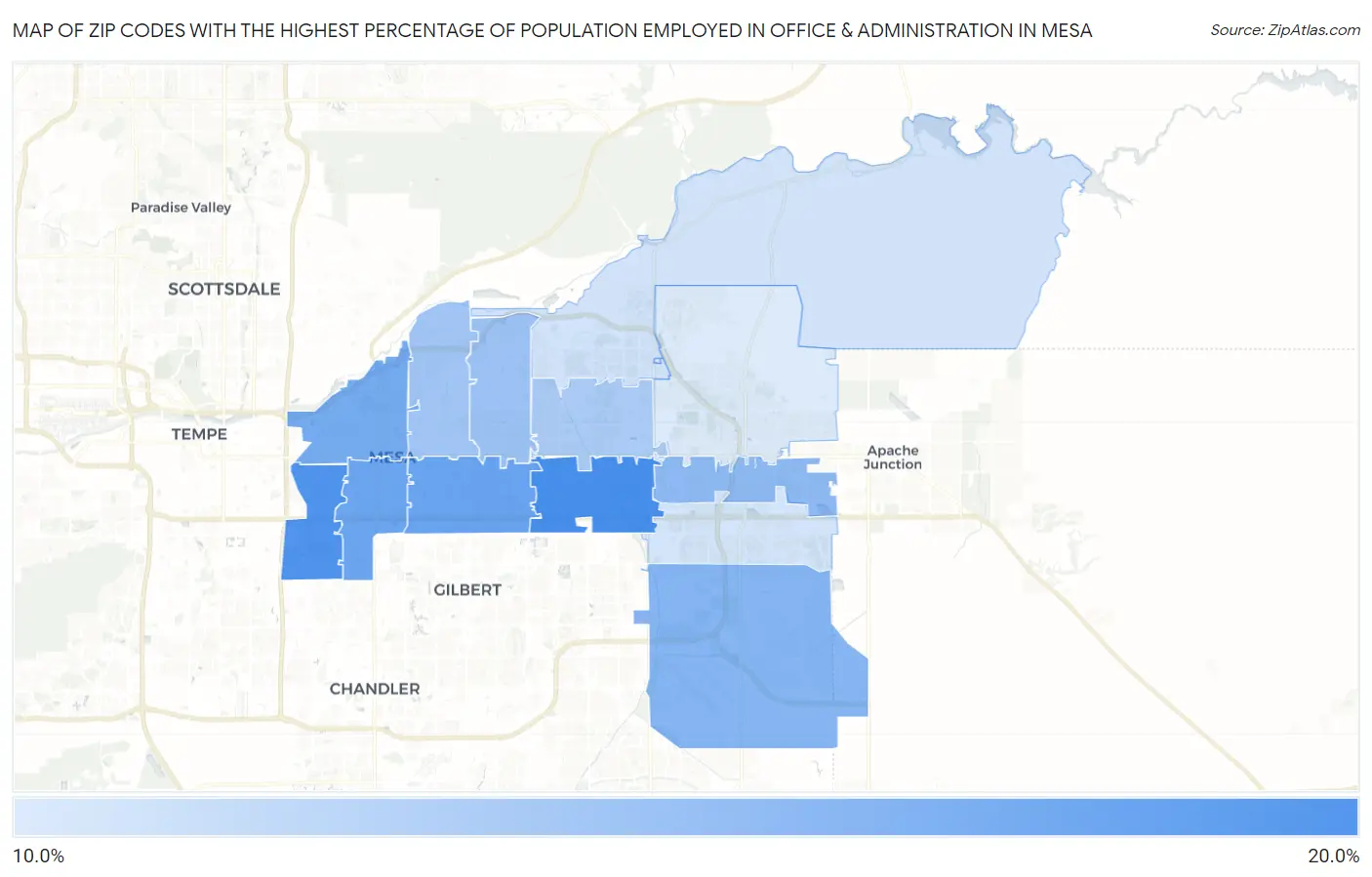 Zip Codes with the Highest Percentage of Population Employed in Office & Administration in Mesa Map