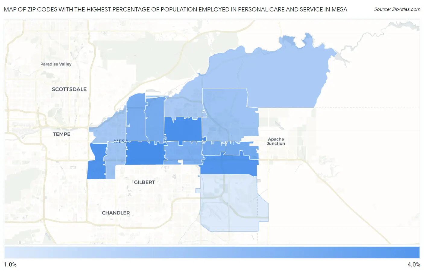 Zip Codes with the Highest Percentage of Population Employed in Personal Care and Service in Mesa Map