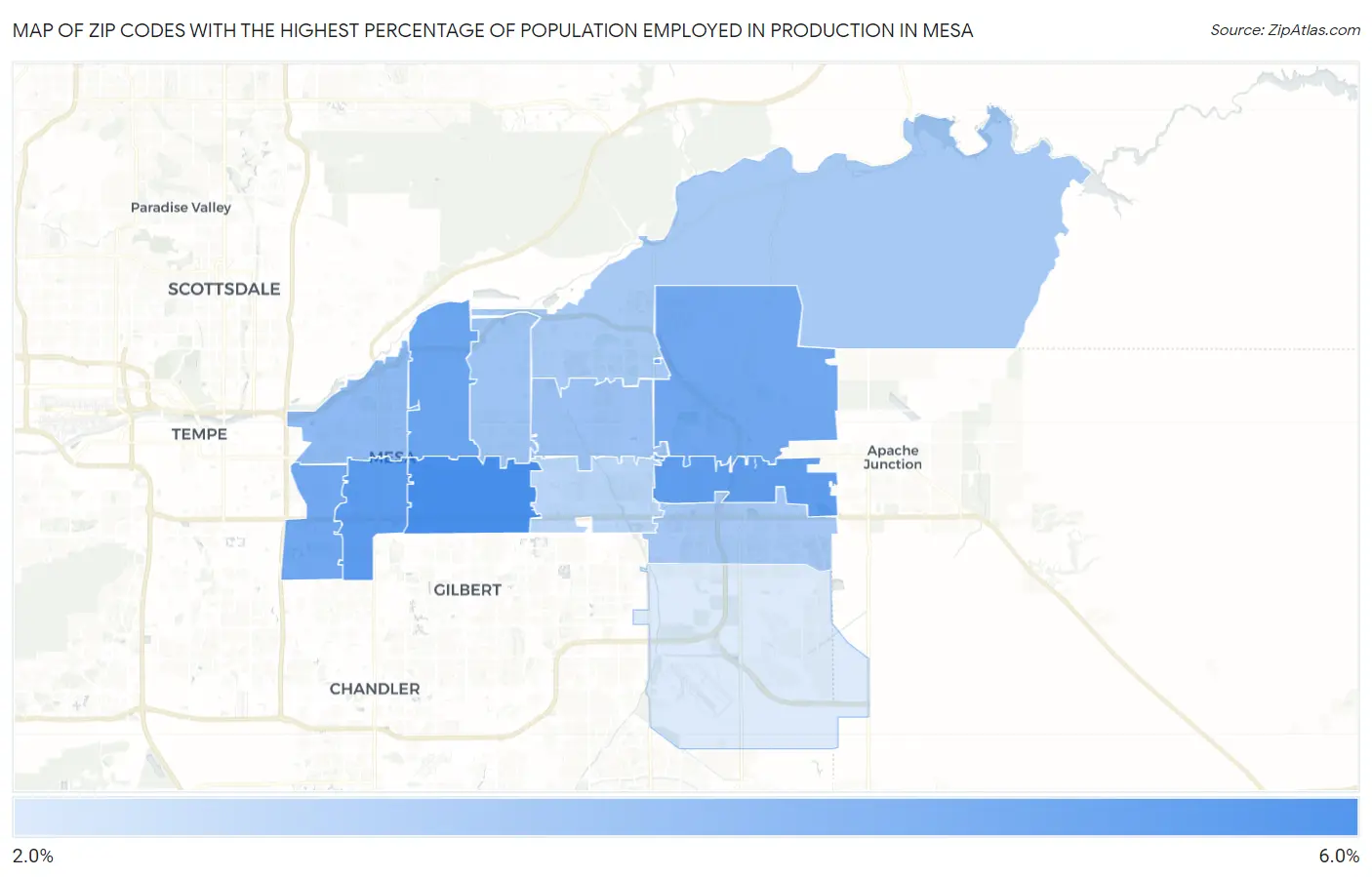 Zip Codes with the Highest Percentage of Population Employed in Production in Mesa Map