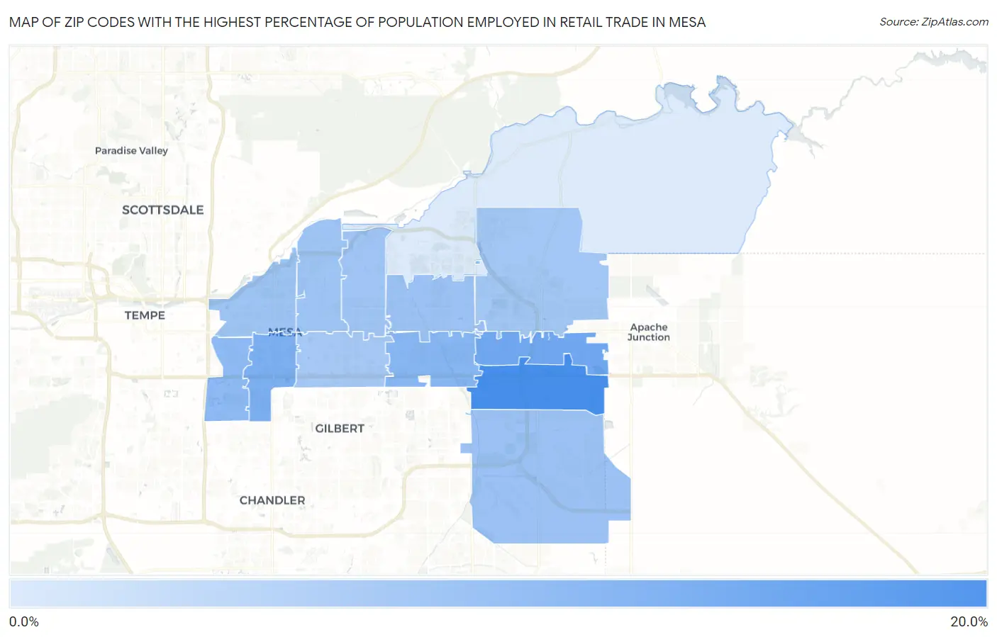 Zip Codes with the Highest Percentage of Population Employed in Retail Trade in Mesa Map