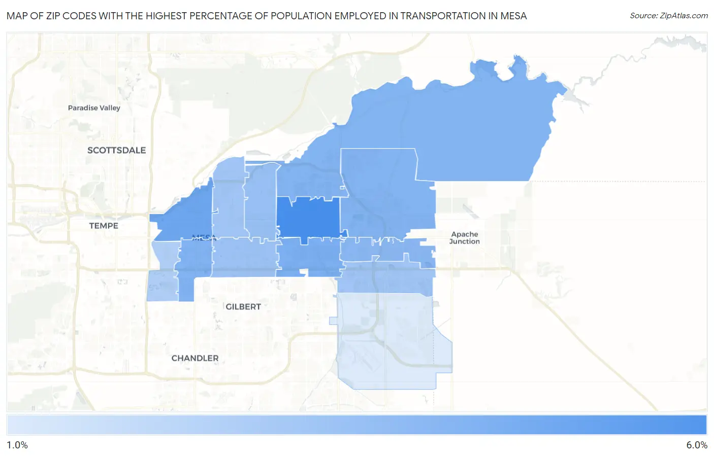 Zip Codes with the Highest Percentage of Population Employed in Transportation in Mesa Map