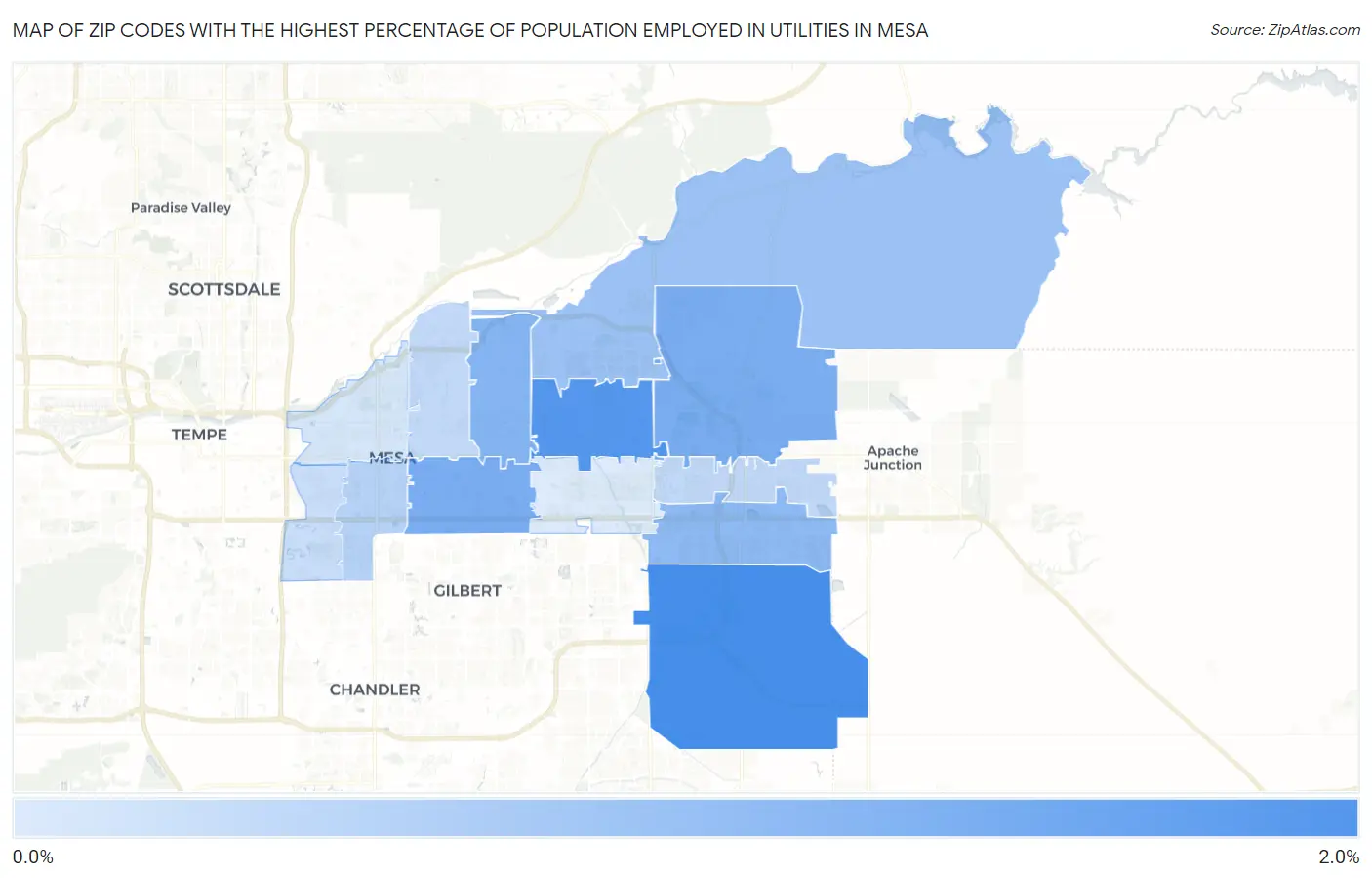 Zip Codes with the Highest Percentage of Population Employed in Utilities in Mesa Map