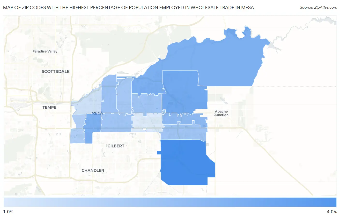 Zip Codes with the Highest Percentage of Population Employed in Wholesale Trade in Mesa Map