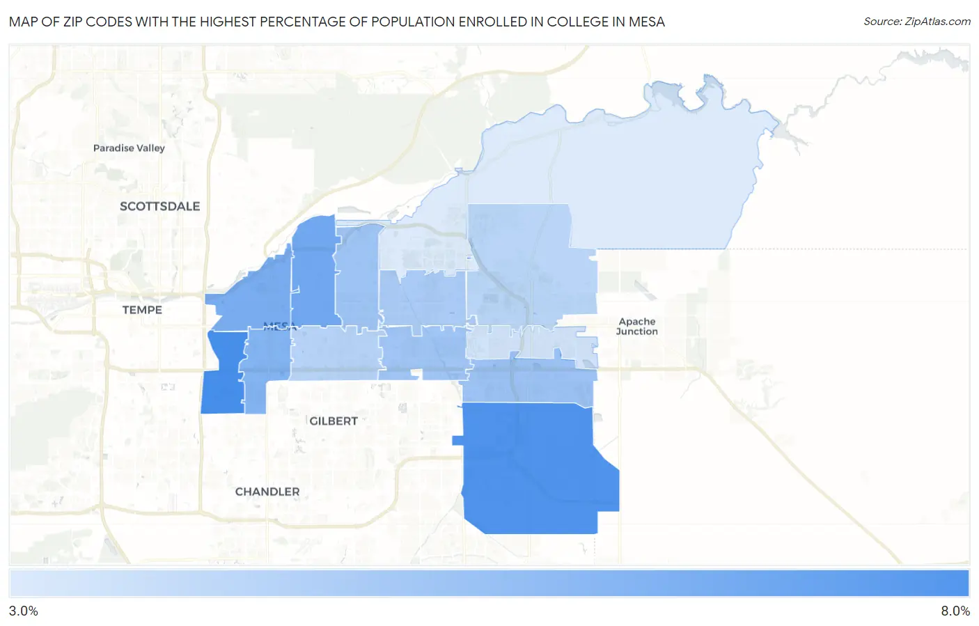 Zip Codes with the Highest Percentage of Population Enrolled in College in Mesa Map