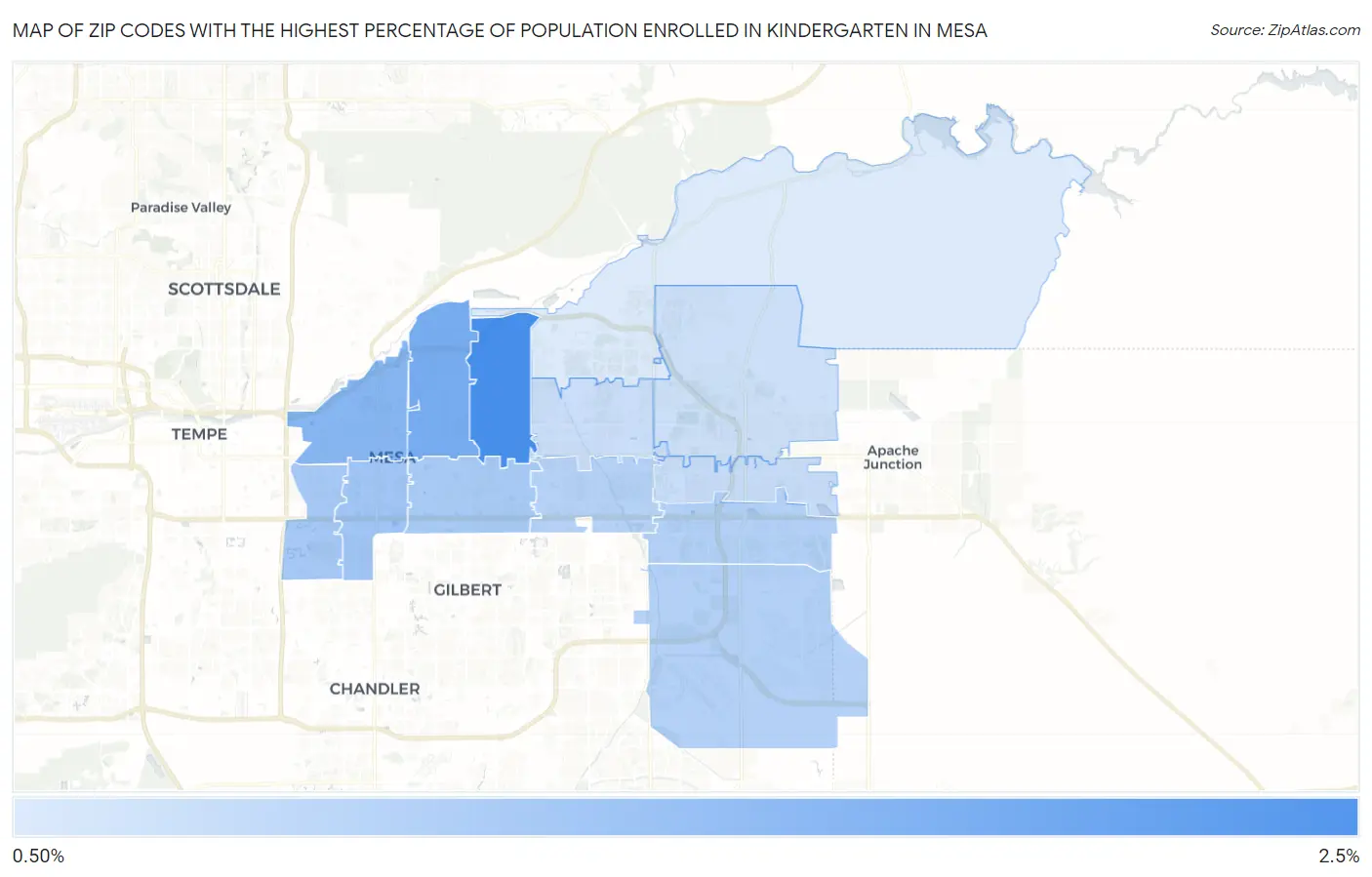 Zip Codes with the Highest Percentage of Population Enrolled in Kindergarten in Mesa Map