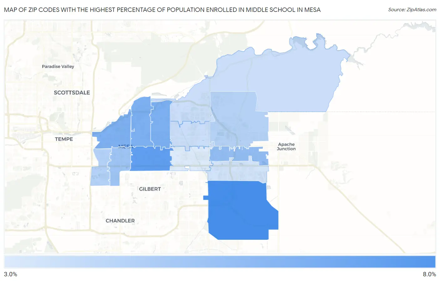 Zip Codes with the Highest Percentage of Population Enrolled in Middle School in Mesa Map