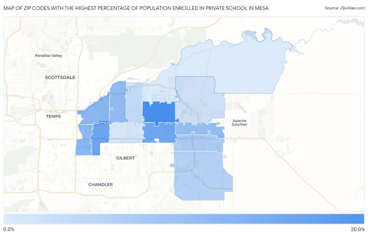 Zip Codes with the Highest Percentage of Population Enrolled in Private School in Mesa Map