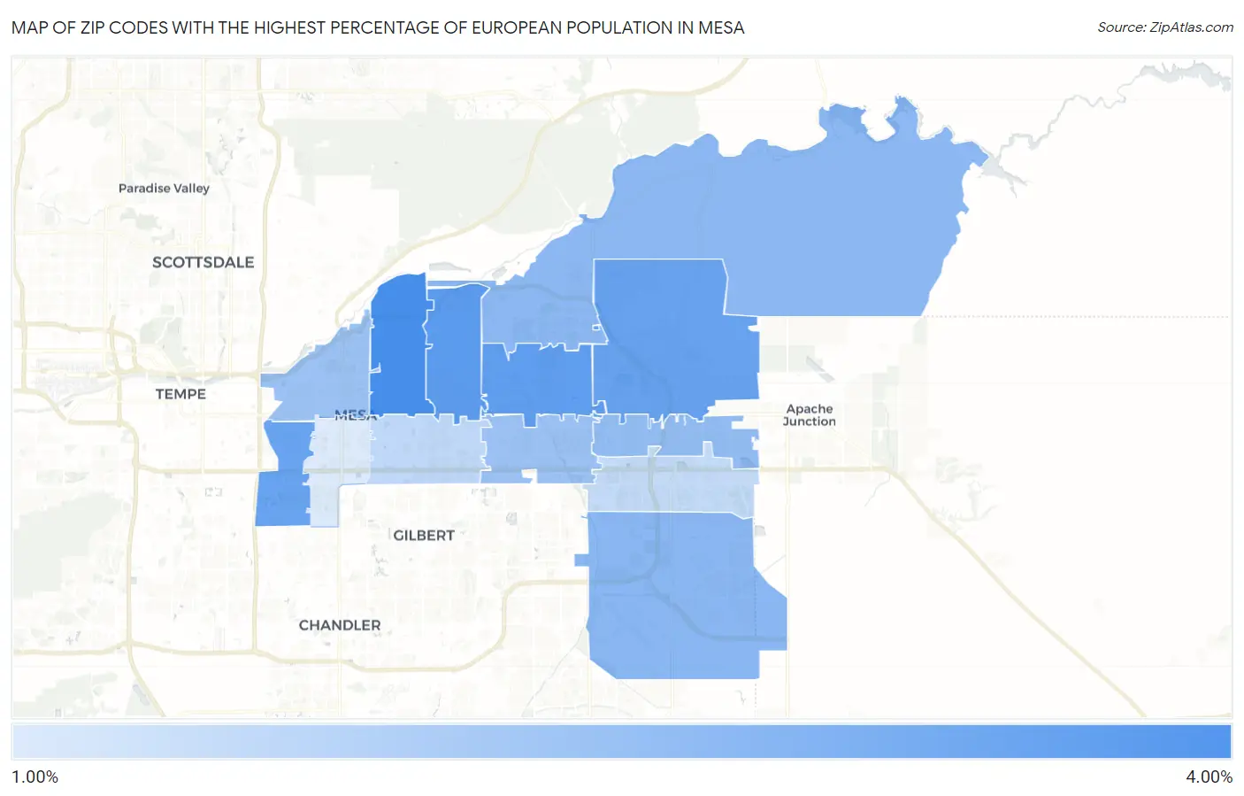 Zip Codes with the Highest Percentage of European Population in Mesa Map