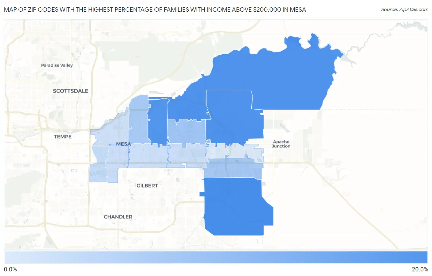 Zip Codes with the Highest Percentage of Families with Income Above $200,000 in Mesa Map