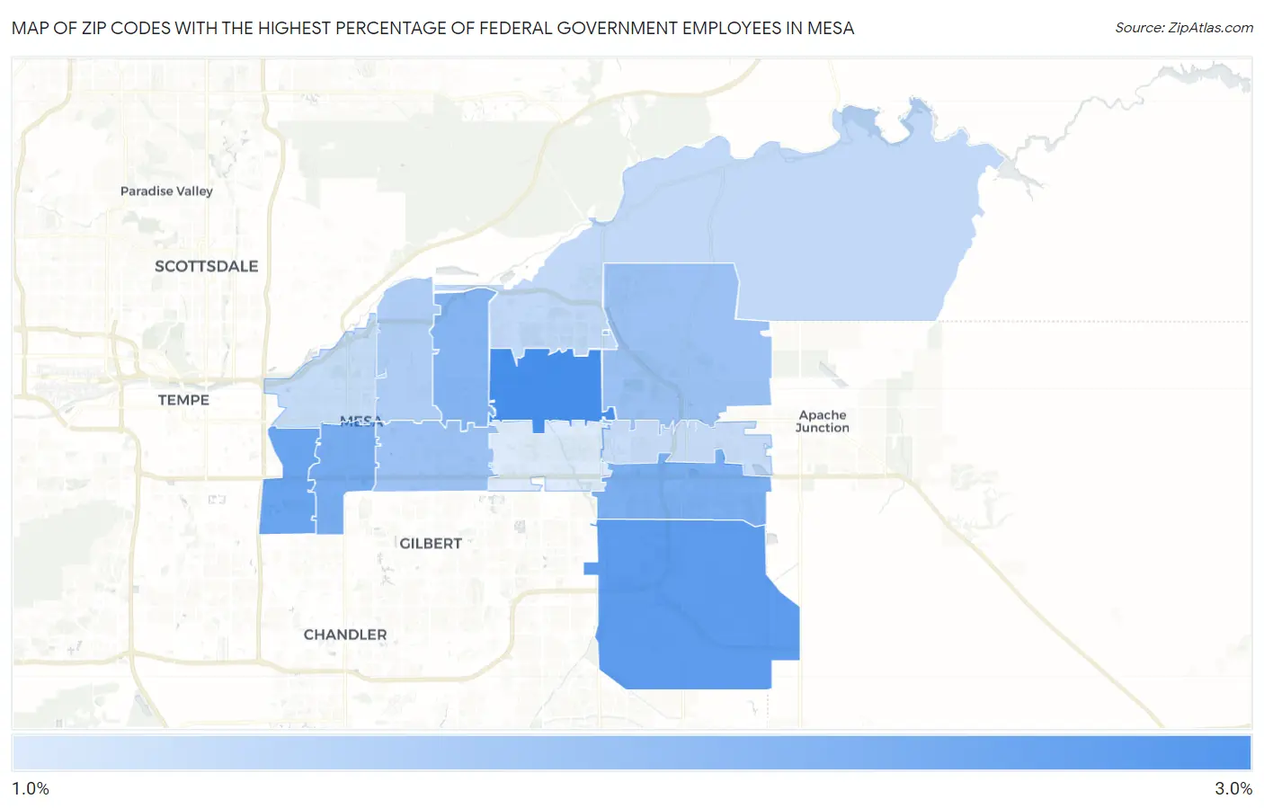 Zip Codes with the Highest Percentage of Federal Government Employees in Mesa Map