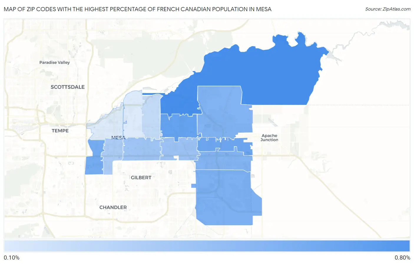 Zip Codes with the Highest Percentage of French Canadian Population in Mesa Map