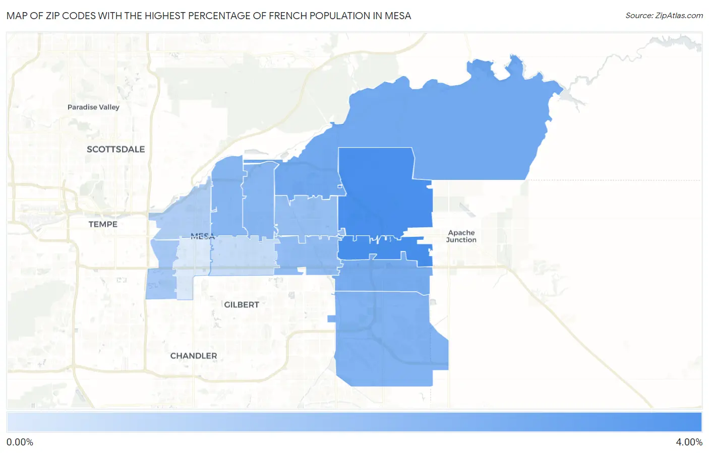 Zip Codes with the Highest Percentage of French Population in Mesa Map