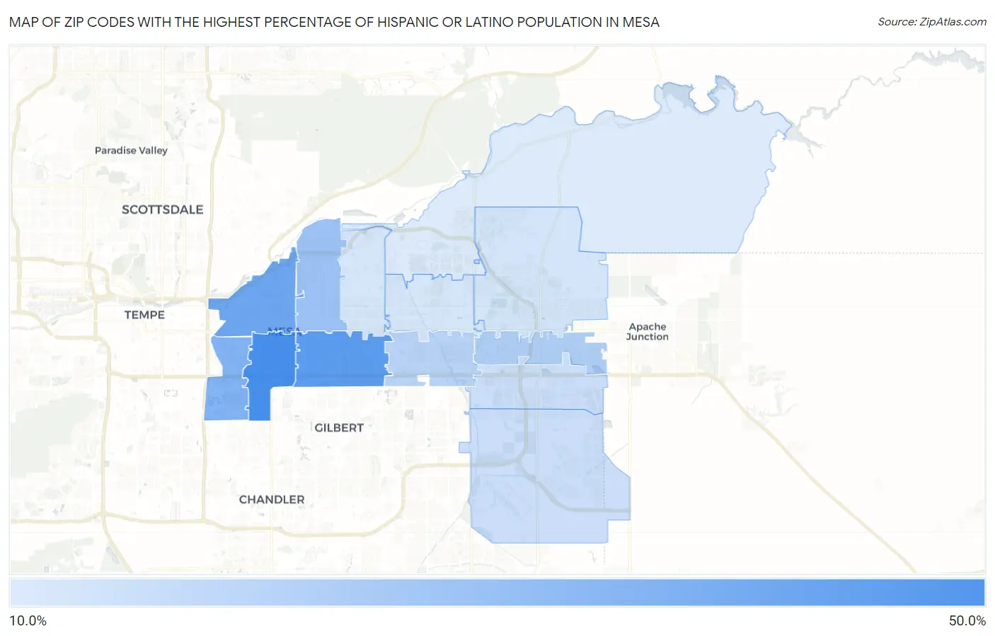 Zip Codes with the Highest Percentage of Hispanic or Latino Population in Mesa Map