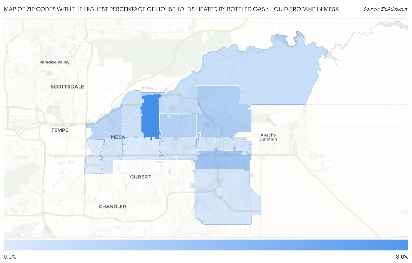 Zip Codes with the Highest Percentage of Households Heated by Bottled Gas / Liquid Propane in Mesa Map