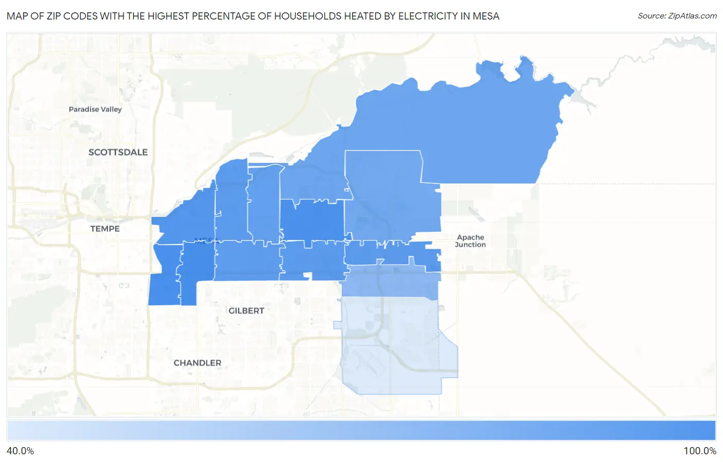 Zip Codes with the Highest Percentage of Households Heated by Electricity in Mesa Map