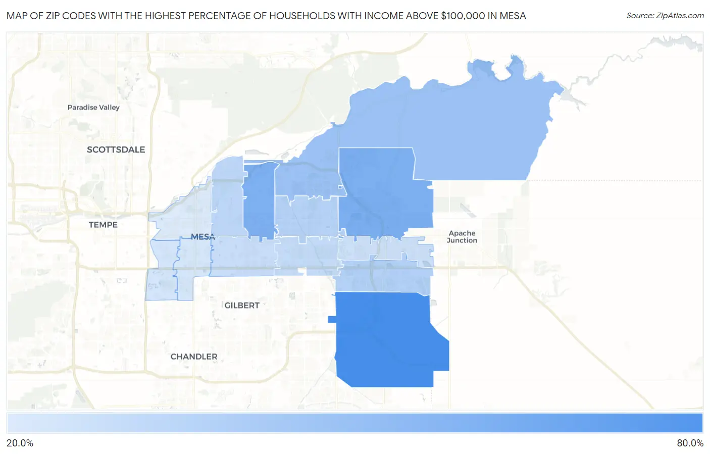 Zip Codes with the Highest Percentage of Households with Income Above $100,000 in Mesa Map