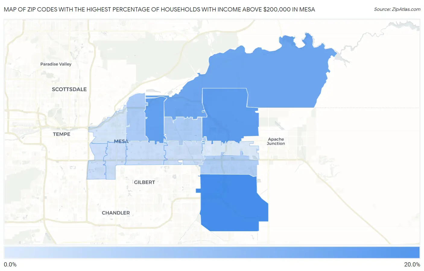 Zip Codes with the Highest Percentage of Households with Income Above $200,000 in Mesa Map