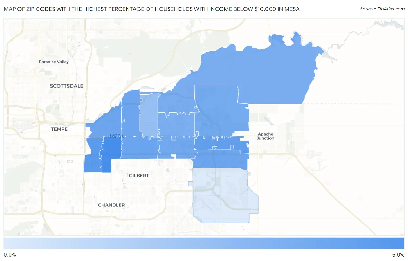 Zip Codes with the Highest Percentage of Households with Income Below $10,000 in Mesa Map