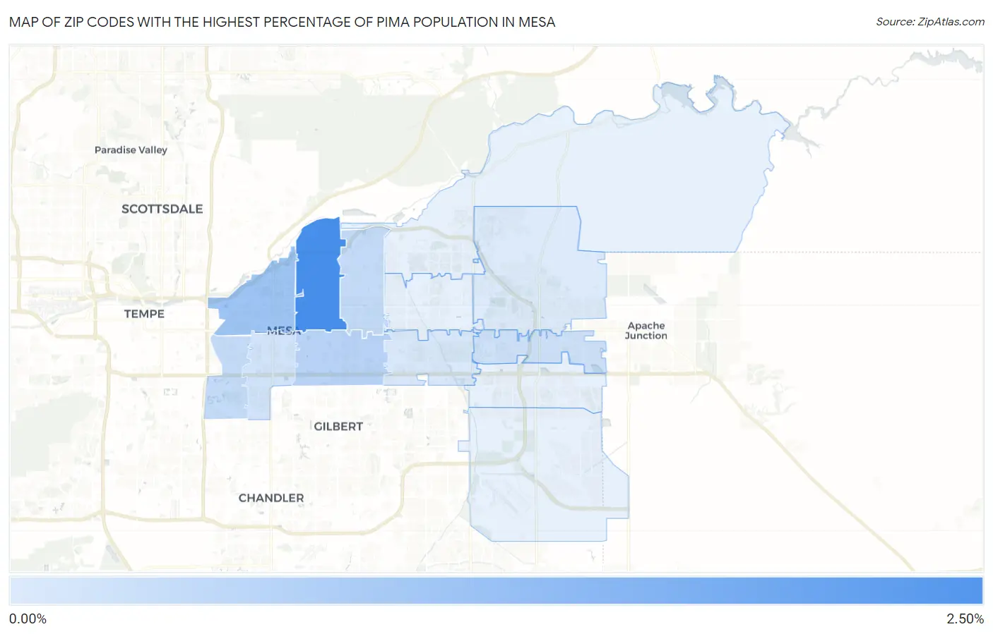 Zip Codes with the Highest Percentage of Pima Population in Mesa Map