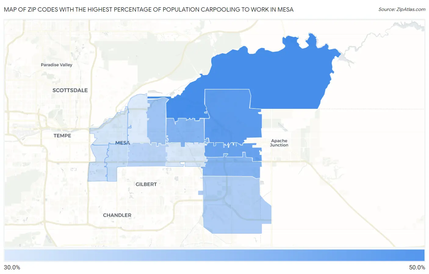 Zip Codes with the Highest Percentage of Population Carpooling to Work in Mesa Map
