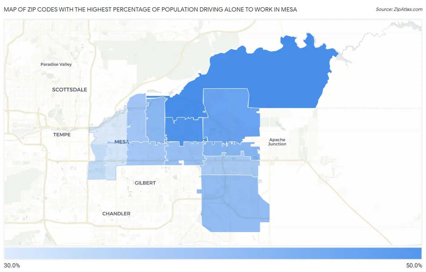 Zip Codes with the Highest Percentage of Population Driving Alone to Work in Mesa Map