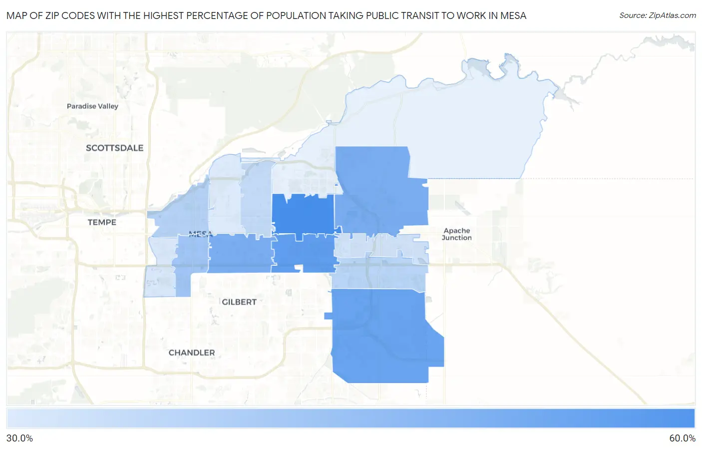 Zip Codes with the Highest Percentage of Population Taking Public Transit to Work in Mesa Map