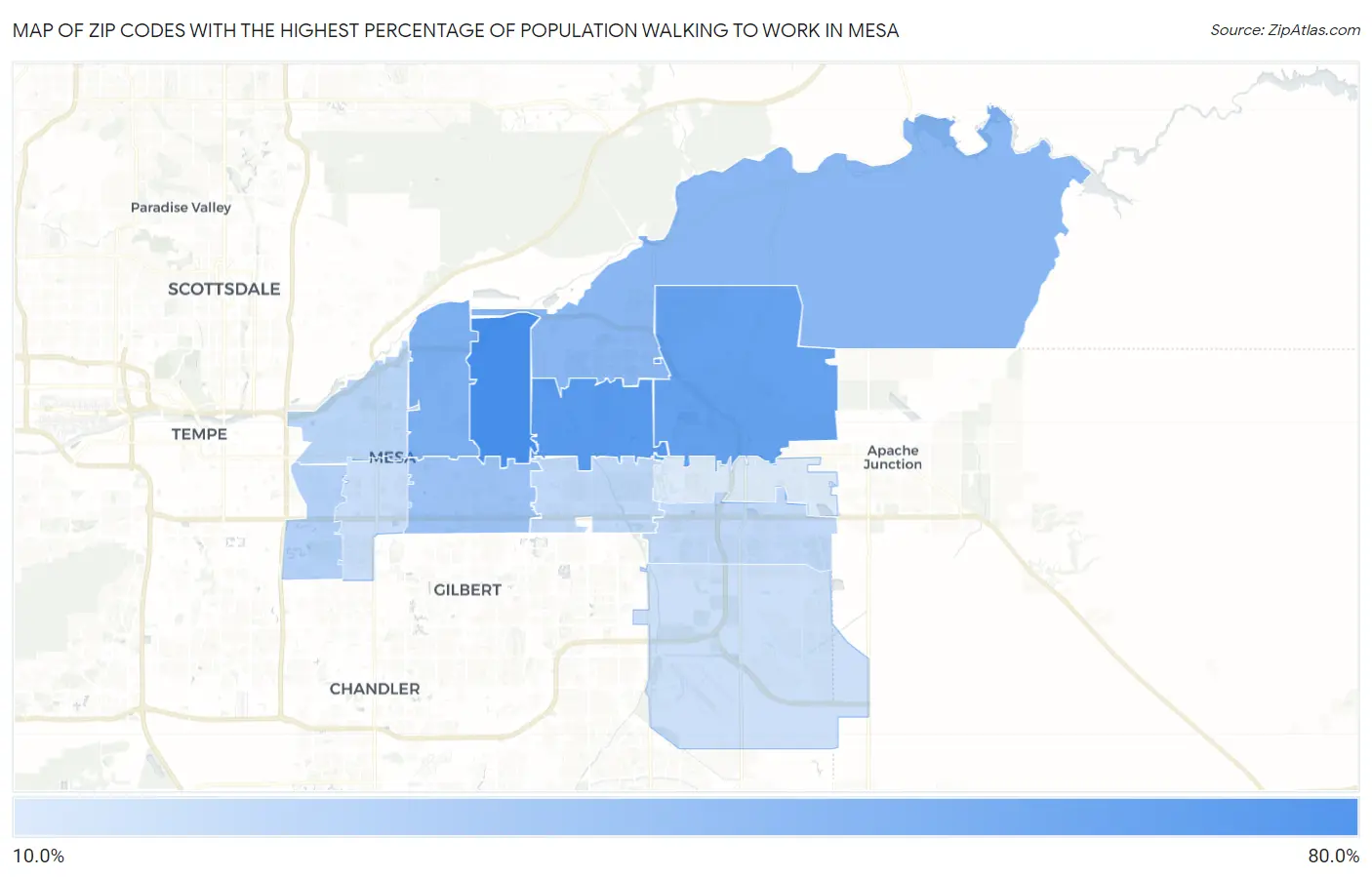 Zip Codes with the Highest Percentage of Population Walking to Work in Mesa Map