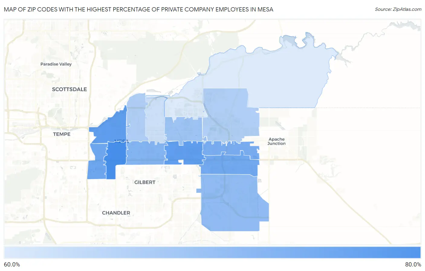 Zip Codes with the Highest Percentage of Private Company Employees in Mesa Map
