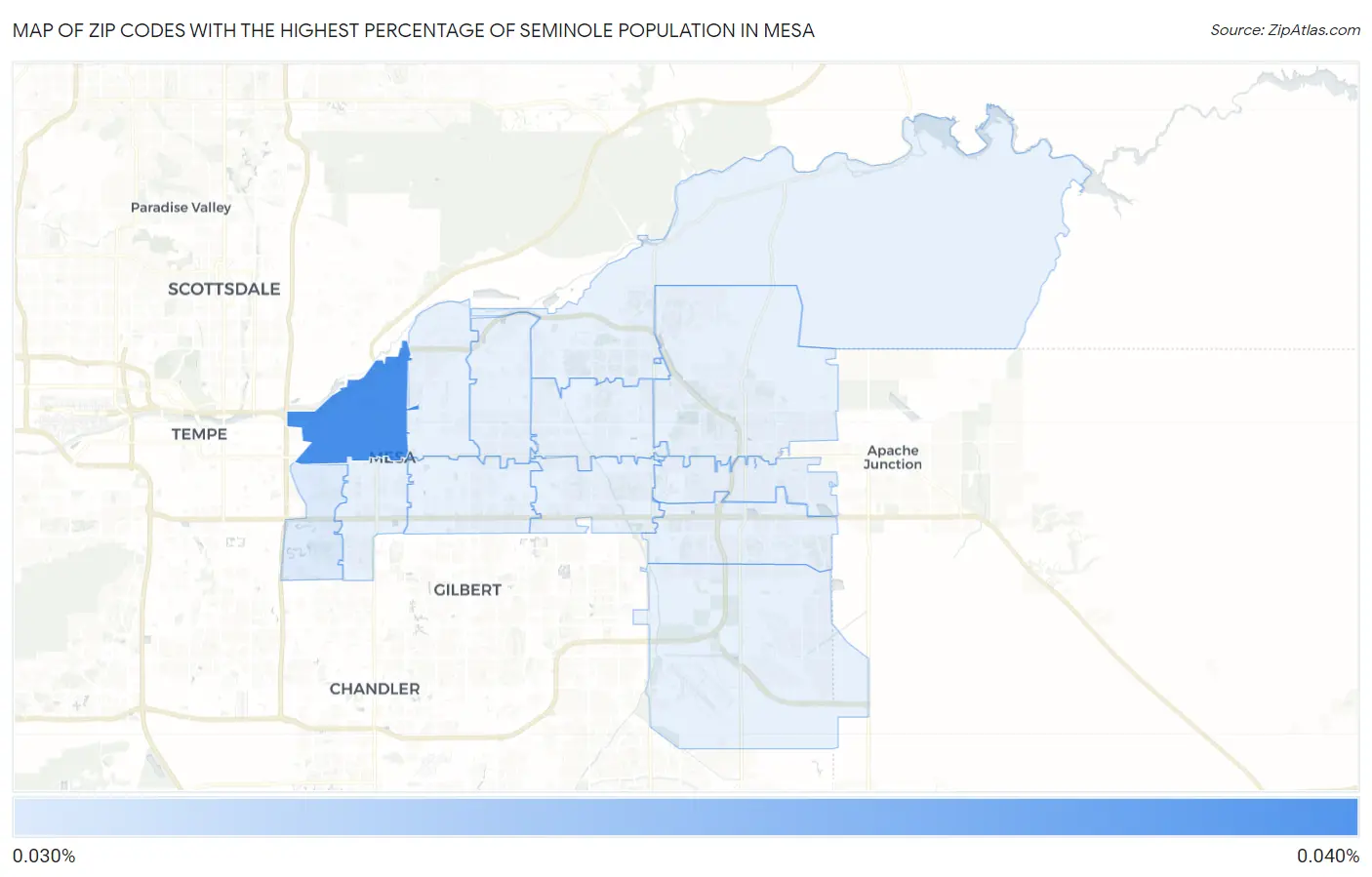 Zip Codes with the Highest Percentage of Seminole Population in Mesa Map