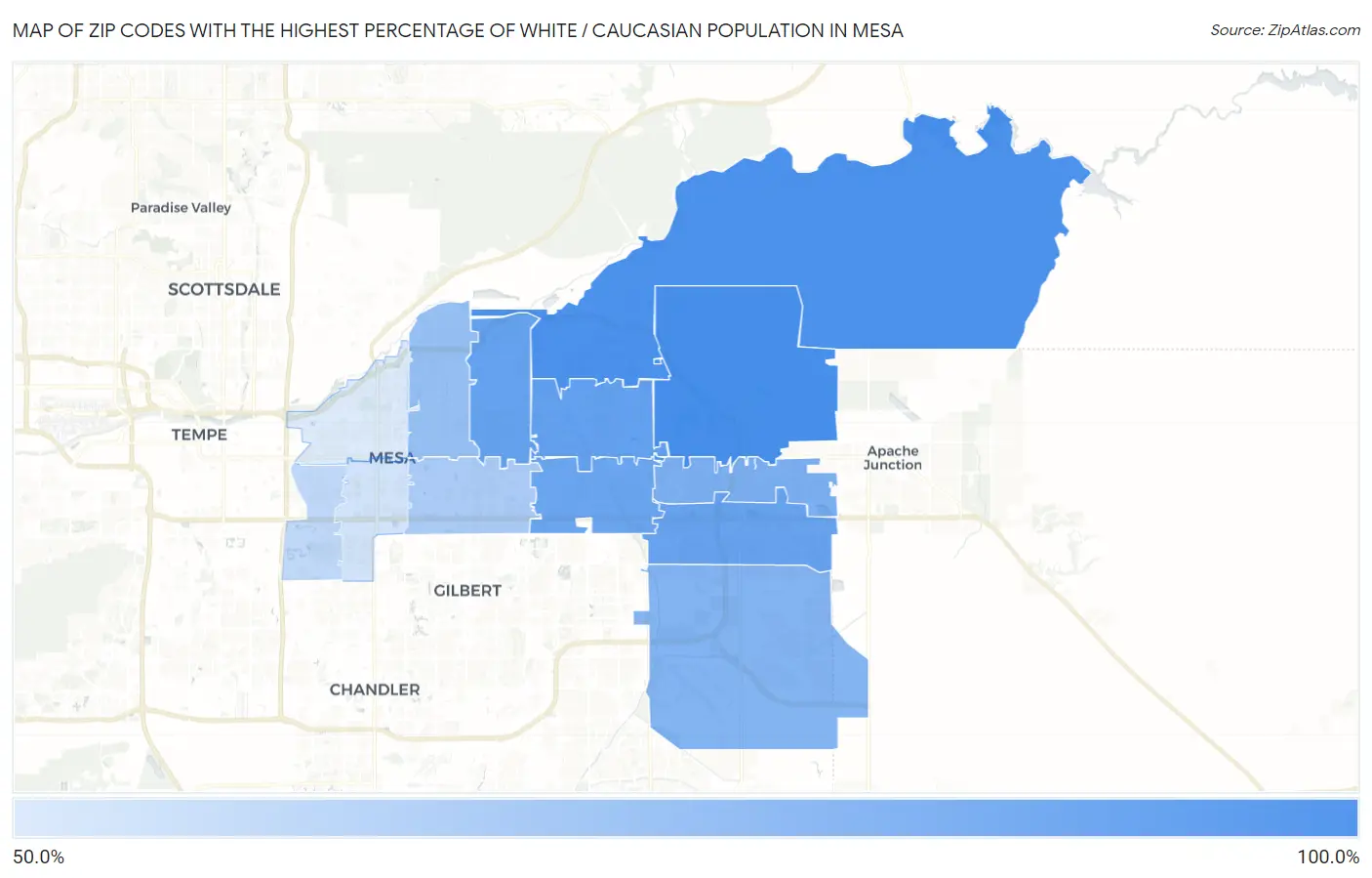Zip Codes with the Highest Percentage of White / Caucasian Population in Mesa Map