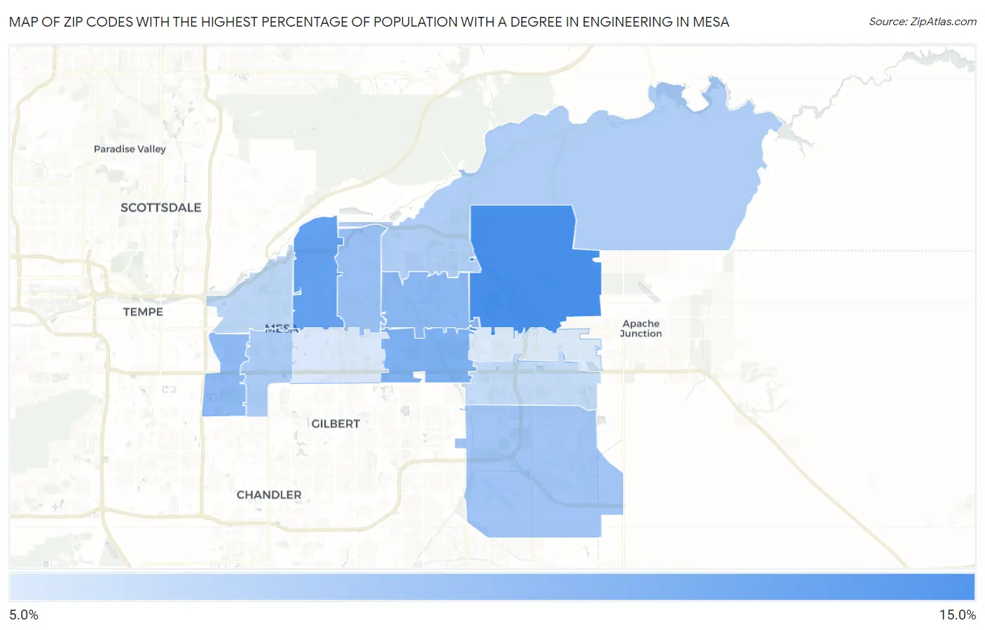 Zip Codes with the Highest Percentage of Population with a Degree in Engineering in Mesa Map