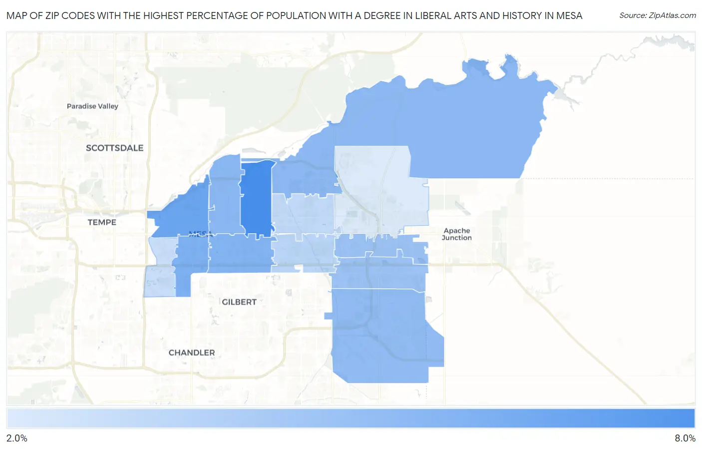 Zip Codes with the Highest Percentage of Population with a Degree in Liberal Arts and History in Mesa Map
