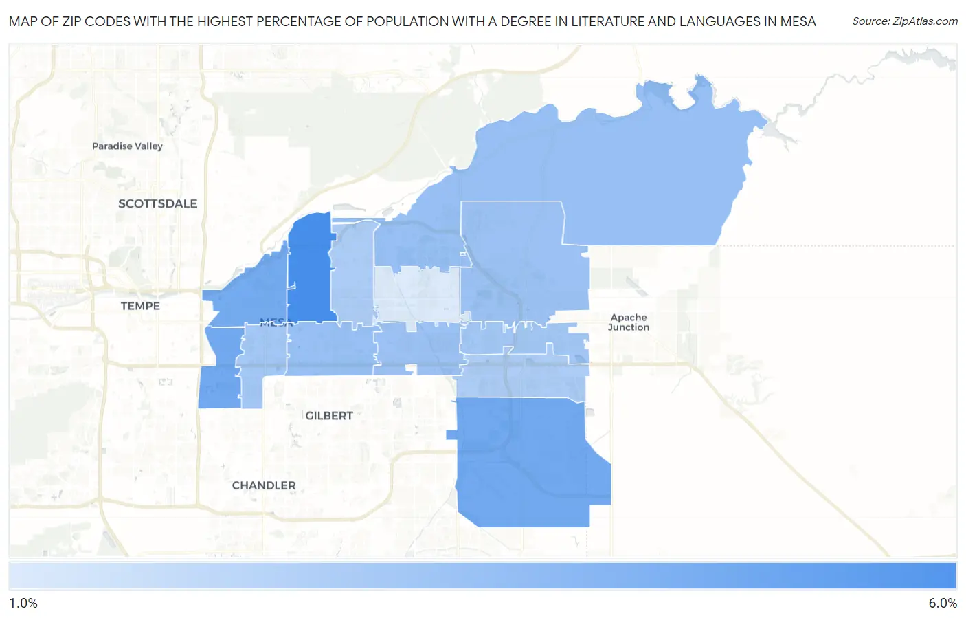 Zip Codes with the Highest Percentage of Population with a Degree in Literature and Languages in Mesa Map