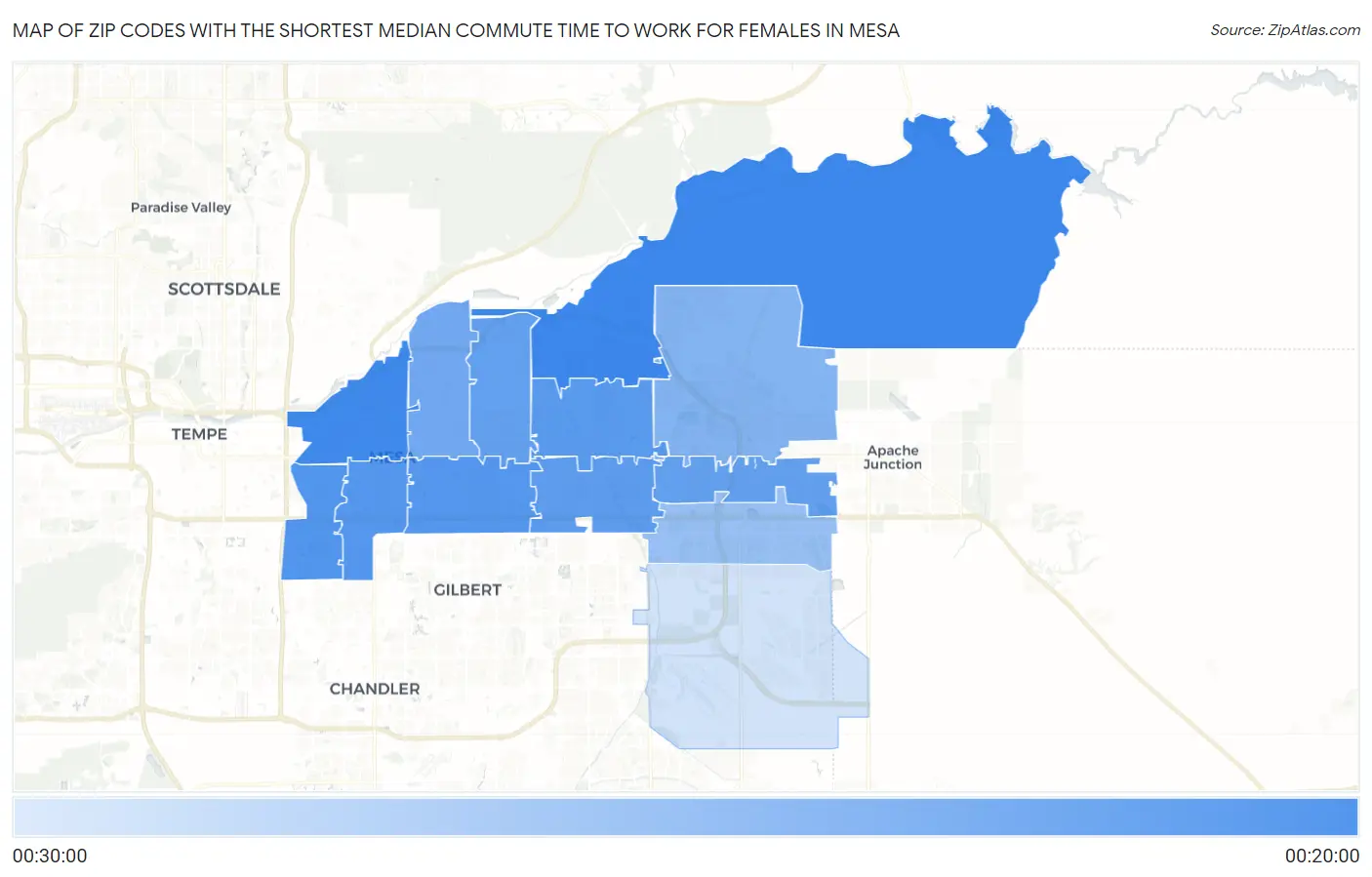 Zip Codes with the Shortest Median Commute Time to Work for Females in Mesa Map