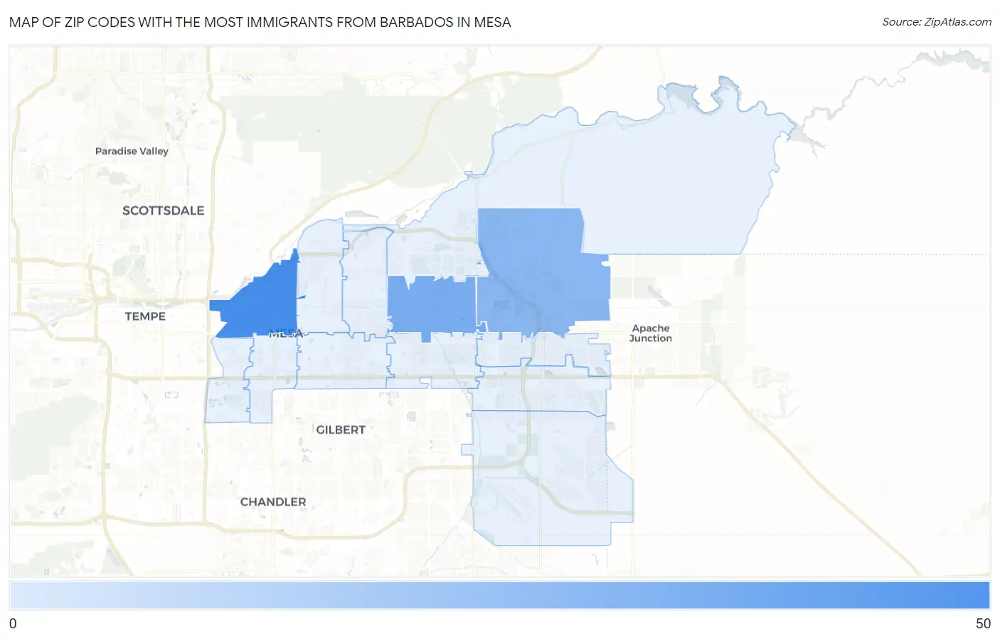 Zip Codes with the Most Immigrants from Barbados in Mesa Map