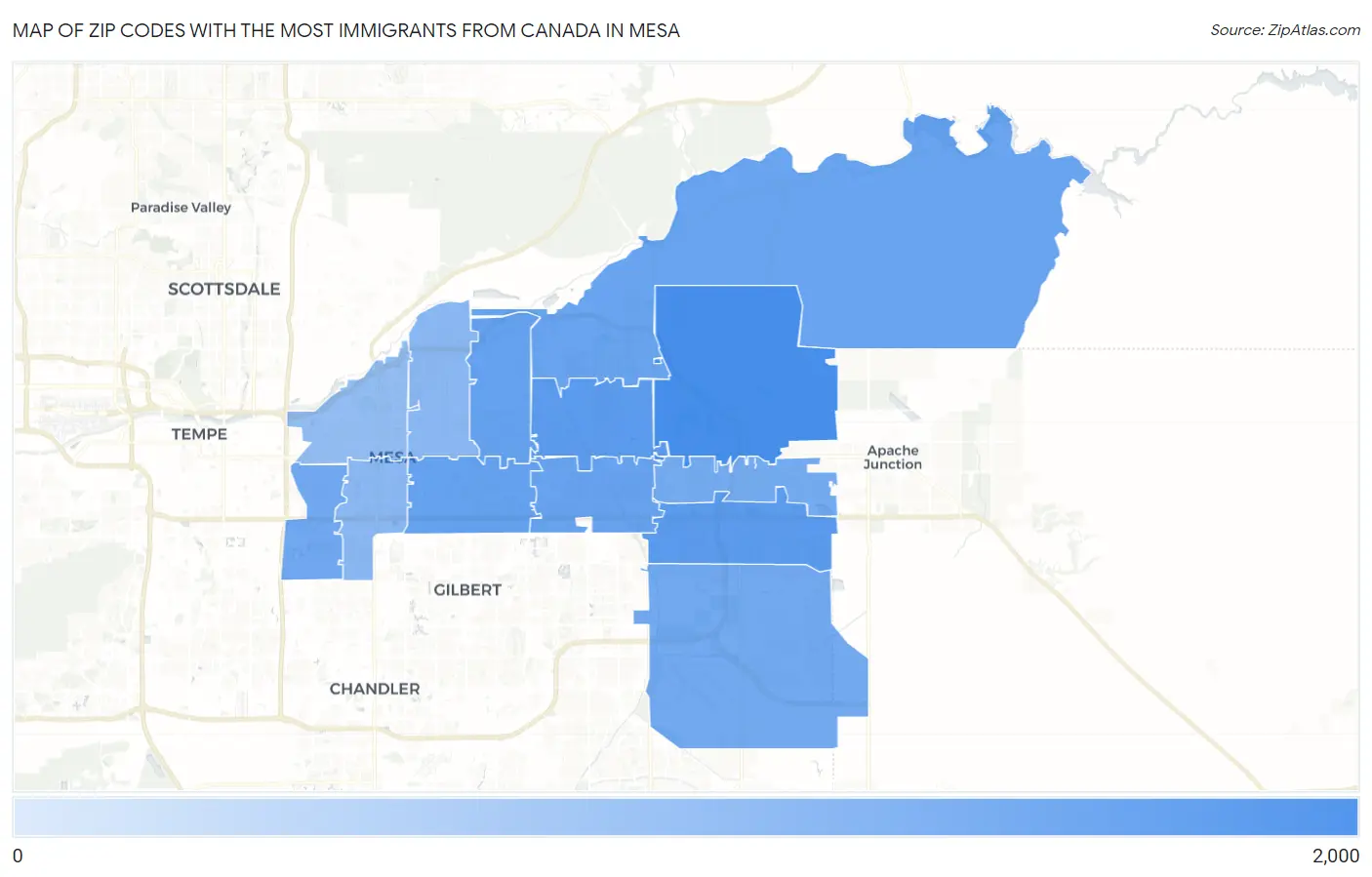 Zip Codes with the Most Immigrants from Canada in Mesa Map