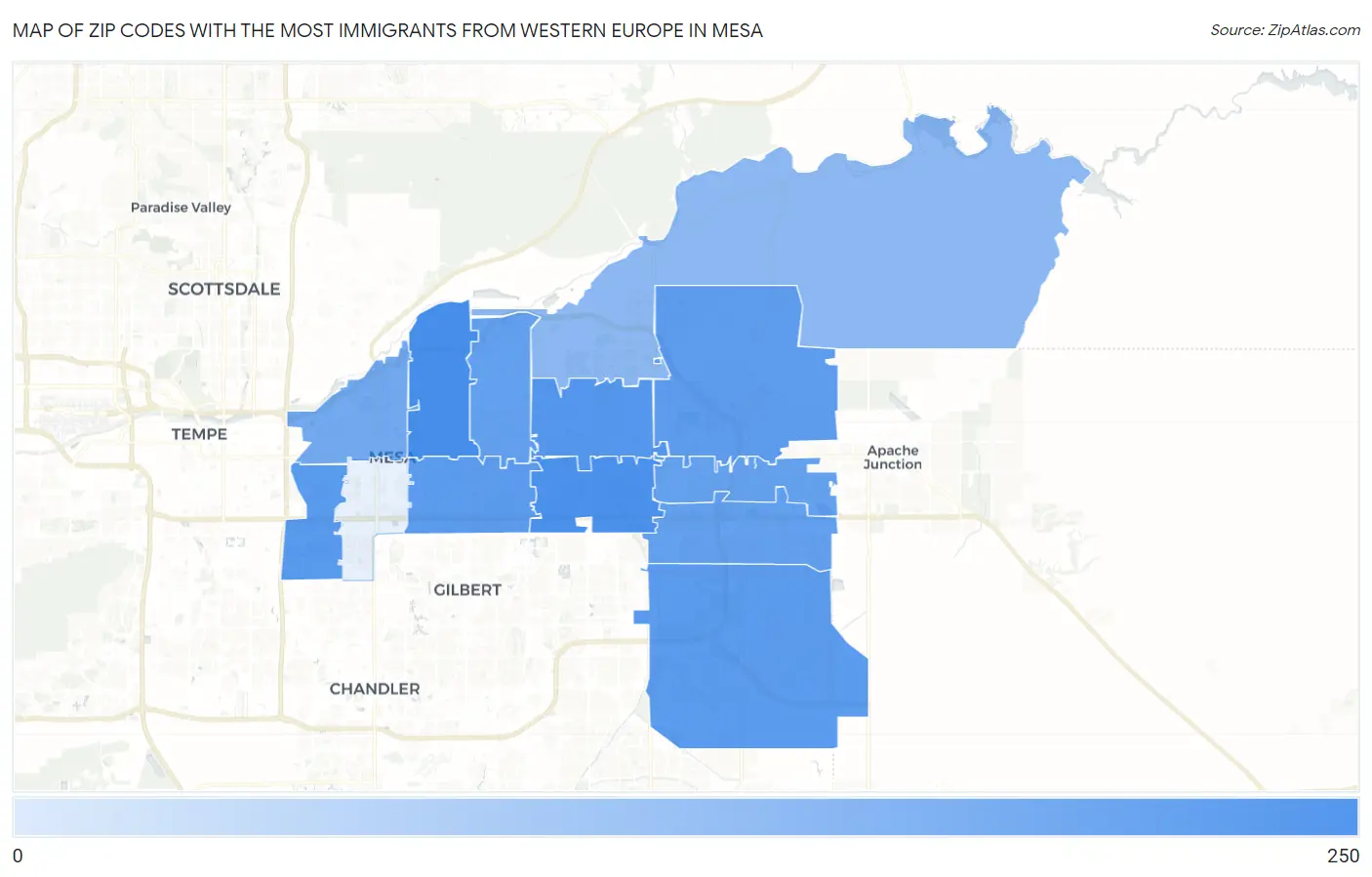 Zip Codes with the Most Immigrants from Western Europe in Mesa Map