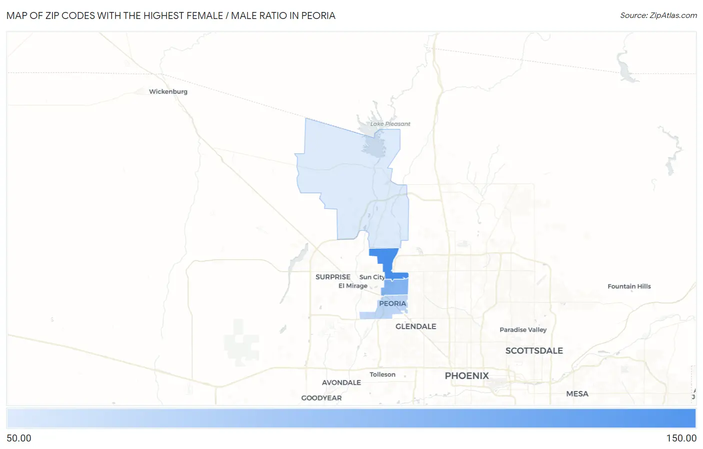 Zip Codes with the Highest Female / Male Ratio in Peoria Map